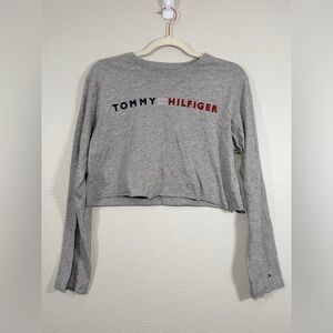 Vintage Tommy Hilfiger Shirt Logo Long Sleeve Cropped Gray Red Blue Women XL